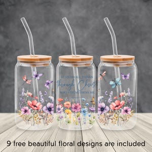 Christian Bible Verse 16oz Glass Can Wrap: Floral Sublimation Design (Digital File)