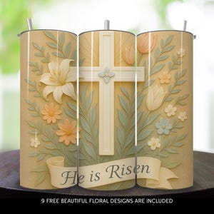 He Is Risen Christian Tumbler Wrap PNG – 20oz Sublimation Design with Cross and Floral Paper Style | Easter Religious Tumbler Wrap