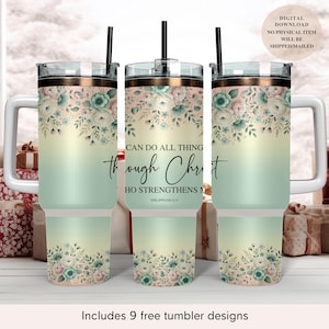 Vaso religioso cristiano de 40 oz con diseño de sublimación de versículos bíblicos &quot;Puedo hacerlo todo&quot; PNG de flores bohemias de 40 oz con envoltura recta