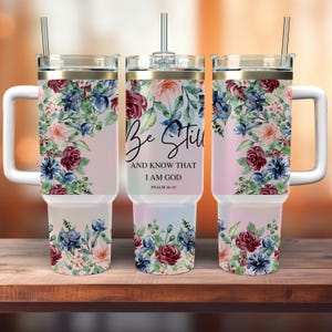 Psalm 46:10 Tumbler Wrap, Christian Bible Verse, Floral Landscape (PNG)