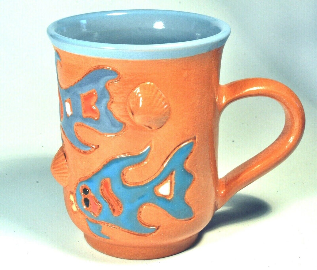 Coffee Mug Fish & Sea Shells Art Cup Nautical 3D Embossed Glossy Blue ...