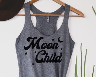 Moon Child Tanks, Astrology Tanks Women, Moon Child Graphic Tee, Hippie T Shirts, Boho Clothing Shirt for Women, Cute Moon Child Shirt