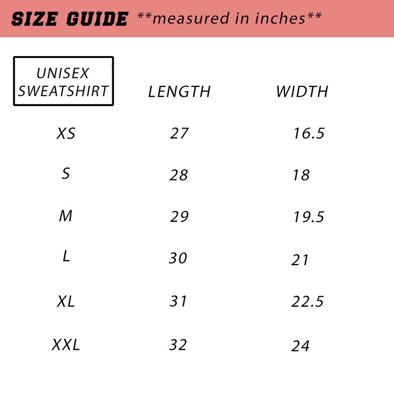 Op de afbeelding: Maattabel voor een unisex sweatshirt, met afmetingen in inches voor lengte en breedte, voor maten XS tot XXL.