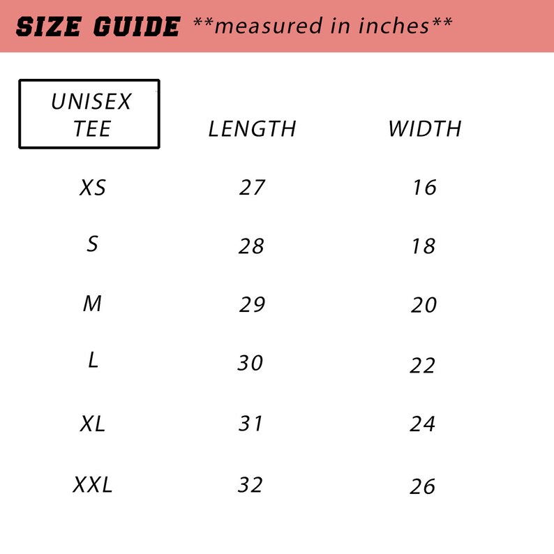 Op de afbeelding: Maattabel voor een unisex T-shirt, gemeten in inches. De tabel toont maten XS tot en met XXL met de bijbehorende lengte- en breedtemaat.