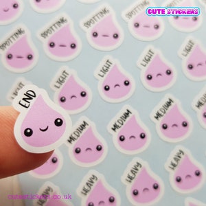 May include: Pink cartoon raindrop stickers with different expressions and words like "End", "Light", "Medium", "Heavy", and "Spotting".