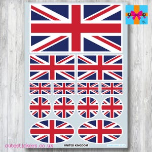 13 Union Jack Great Britain UK Flag Stickers / Waterproof / Assorted Shapes & Sizes / Gloss or Matt / Cars Bikes Bicycles Helmets
