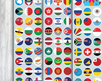 254 ROUND Country Flags of the World Stickers / Country World Flag Stickers / 25mm diameter / Gloss or Matt Waterproof Options