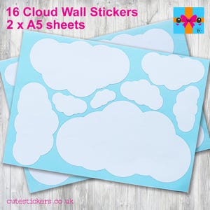 May include: Two A5 sheets of cloud wall stickers. The stickers are white and cut in various cloud shapes. The background is light blue. The text on the image reads "16 Cloud Wall Stickers 2 x A5 sheets" and "cutestickers.co.uk".