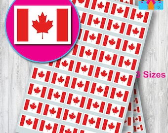 May include: Three sheets of stickers featuring the Canadian flag. The stickers are in three different sizes. The text "3 Sizes" is printed on the right side of the image.