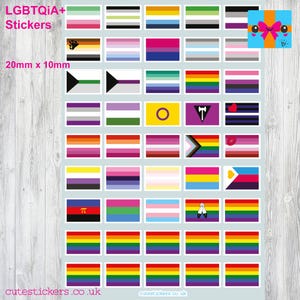Peut inclure: Une planche d'autocollants LGBTQIA+ de 20mm x 10mm chacun, représentant différents drapeaux de la fierté. Les autocollants présentent diverses couleurs et motifs, notamment des arcs-en-ciel, des rayures et des symboles. Le texte indique "LGBTQIA+ Stickers" et "cutestickers.co.uk".