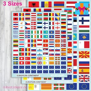 Op de afbeelding: Vellen stickers met vlaggen van het Europese continent. De stickers zijn in verschillende maten en bevatten vlaggen van talrijke landen. De tekst "3 Sizes" staat bovenaan en de website "cutestickers.co.uk" is afgedrukt.