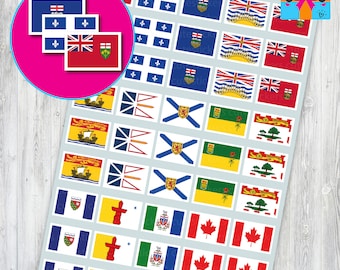 May include: A sheet of Canadian province flag stickers. The stickers are 20mm x 14mm and feature the flags of all 10 Canadian provinces. The flags are printed on white paper with a grey border.