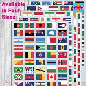 May include: A collection of rectangular stickers featuring various national flags arranged in a grid pattern. The image includes text stating Available in Four Sizes and cutestickers.co, along with a small blue gift box icon with a pink bow.
