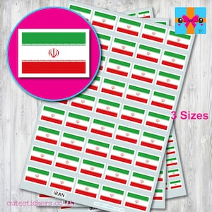 May include: A sheet of stickers featuring the flag of Iran. The stickers are arranged in a grid pattern and come in three sizes. The text "3 Sizes" is visible in the image. The text "cutestickers.co.uk" is also visible in the image.