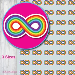 May include: A sheet of stickers featuring a repeating pattern of rainbow-coloured infinity symbols on a light grey background, with one large circular sticker overlay showing a single rainbow infinity symbol on a solid hot pink background.