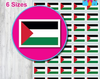 May include: A sheet of stickers featuring the Palestinian flag, with red, white, black, and green colors. The stickers are arranged in a grid pattern. The text "6 Sizes" is visible. The website address "cutestickers.co.uk" is also visible.