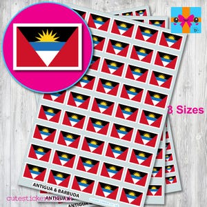 May include: A sheet of stickers featuring the flag of Antigua and Barbuda. The stickers are arranged in rows and columns, and there are 3 sizes available. The text "Antigua & Barbuda" is printed at the bottom of the sheet.