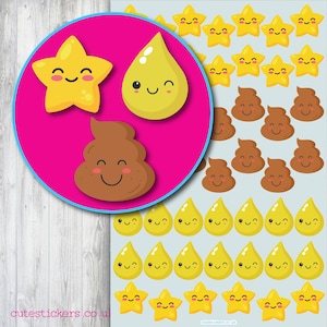 May include: Sheet of stickers featuring a yellow star, a yellow teardrop, and a brown poop emoji, each with a smiling face. Additional stickers of the same designs are arranged around the main images. The stickers are on a light blue background.