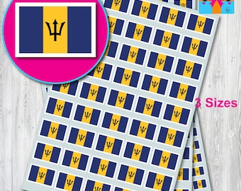 May include: A sheet of stickers featuring the flag of Barbados. The flag is yellow and blue with a black trident in the center. The sheet has the words "Barbados" and "cutestickers.co.uk" printed on it. There are three sizes of stickers available.