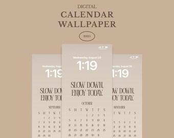 Puede incluir: Fondo de pantalla de calendario digital para 2025, con un diseño minimalista y una paleta de colores neutros. La imagen muestra tres pantallas de teléfono con la hora 1:19 y el texto "SLOW DOWN, ENJOY TODAY". También se ven los calendarios de septiembre, octubre y noviembre.