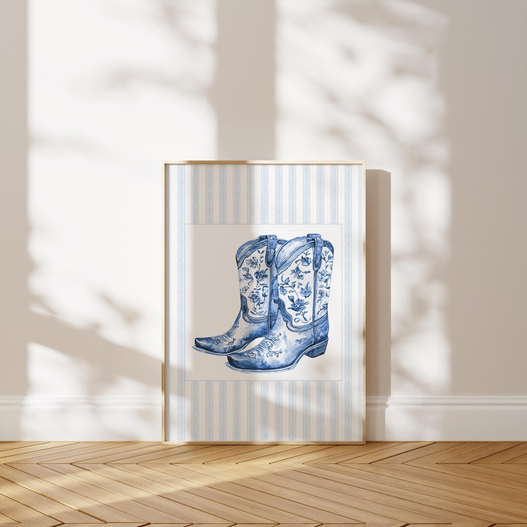Chinoiserie Wall Art | Blue Cowboy Boots Print | Western Farmhouse Wall ...