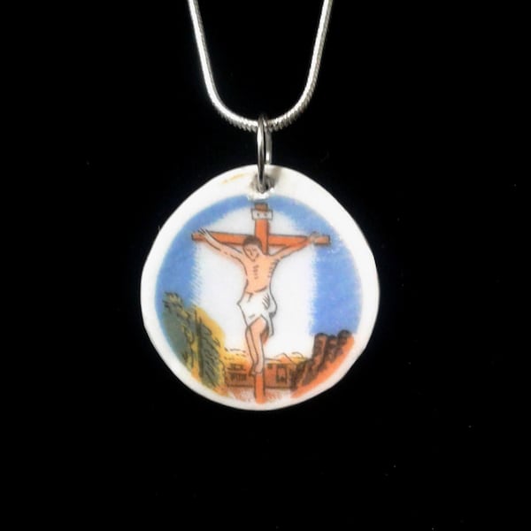 Christ Crucifixion Scene Pendant made from Repurposed China, Upcycled tableware Jewelry, Christian Gift  Our Lord Jesus on the Cross