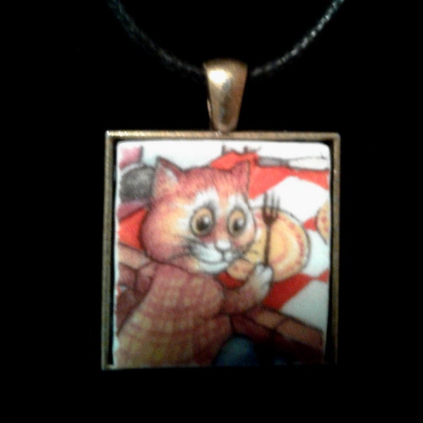 Broken China Pendant/ Whimsical Cat/ Bill Bell Cat/ Collector plate cat/ Cat Jewelry/Kitty wants Dinner/ Adjustable Cord / Cat Lover Jewelry