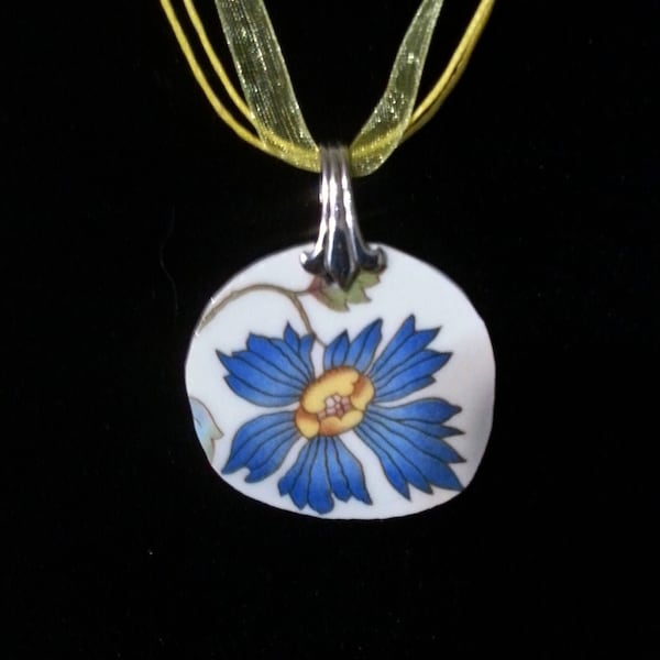 Blue Cornflower Broken China Pendant with Sunny Yellow Organza neckpiece,  Handmade Ecofriendly Jewelry, Repurposed Dishes, Upcycled plates
