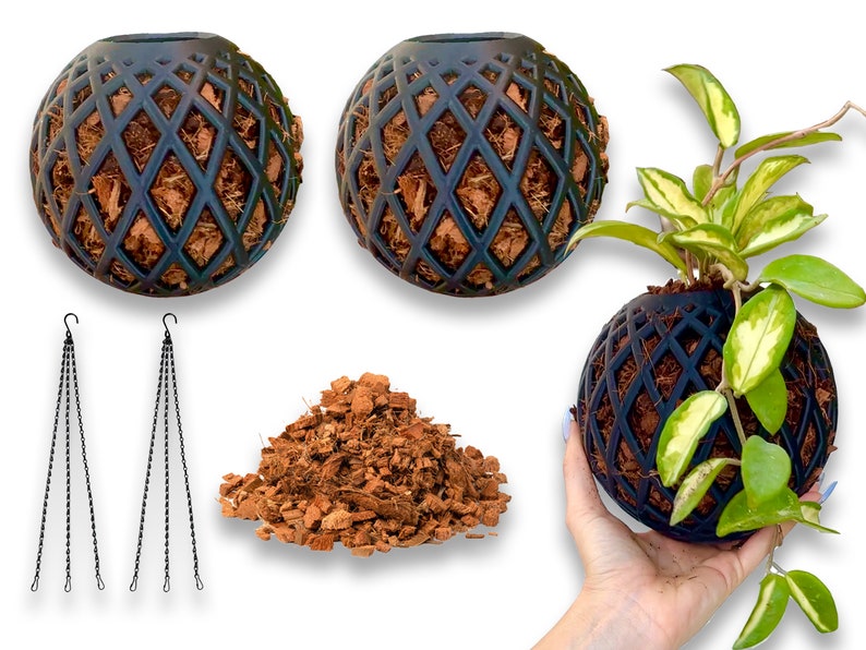 May include: Two black hanging planters with a diamond pattern and coconut fiber lining. A pile of coconut fiber is in the center of the image. A third planter is shown with a green and white plant inside.