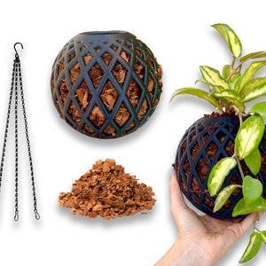 May include: A black hanging planter with a geometric design, filled with brown coconut coir. A green and white variegated plant is growing inside the planter, which is being held by a hand.