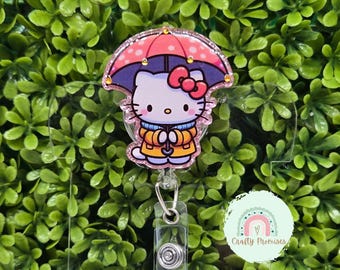kawaii Katze mit Regenschirm Ausweishalter, niedliches Frühlings Ausweishalter, Frühlingsregen Geschenk für Arbeit, Katzenliebhaber Geschenk zum Geburtstag