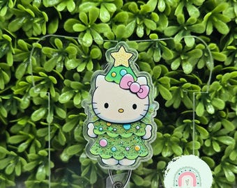 Kitty christmas tree badge reel, kawaii christmas tree kitty badge ID Holder, stocking stuffer for her, work secret santa gift, nurse gift