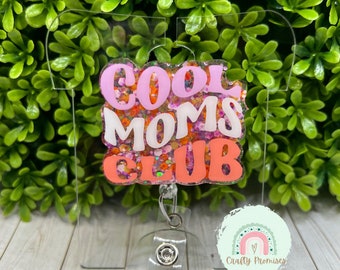 Cool moms club badge reel, cool moms birthday gift, new mom work gift, retro mother badge holder for work, coworker birthday badge clip