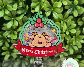 kawaii reindeer glitter shaker badge reel, cute wreath nurse badge reel, stocking stuffer for coworker, secret santa gift for work bestie