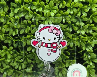 Kitty christmas snowman badge reel, kawaii christmas snow kitty badge ID Holder, stocking stuffer for her, work secret santa gift, cna gift