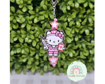 Kawaii kitty with thermometer charm for badge reel, Nurse badge ID charm, Badge reel removable charm, medical kitty badge reel charm gift