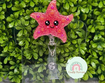 Starfish badge reel, cute summer Badge ID holder, coworker birthday gift, ocean lover gift for work, retractable ID badge for beach lover