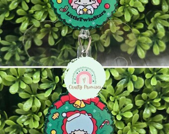 kawaii christmas badge reel, kawaii twins christmas badge ID Holder, stocking stuffer for her, work secret santa gift, work bestie xmas gift