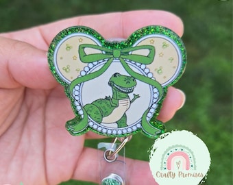 Toy t-rex badge reel, cute coquette dinosaur badge ID Holder, Dino bow lover gift for work, student nurse badge, gift for pediatric nurses