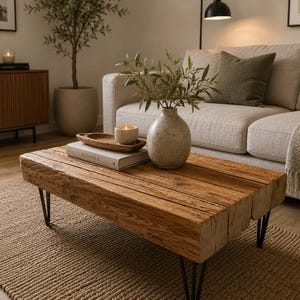 Könnte beinhalten: Ein rustikaler Couchtisch aus Holz mit schwarzen Haarnadelbeinen. Auf dem Tisch stehen eine Vase mit Grün, eine Kerze und ein Buch. Ein beiges Sofa und ein Teppich vervollständigen die Szene.