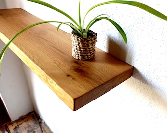 Könnte beinhalten: Ein Holzregal mit natürlicher Oberfläche, an einer weißen Wand montiert. Eine kleine Topfpflanze mit grünen Blättern steht auf dem Regal.