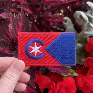 May include: A rectangular patch with a red background and a blue geometric design. A blue circle with a white star is on the left side. The patch is held in front of a background of red and green foliage.