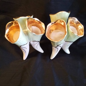 A Pair Of Vintage Triple Horned Lusterware Vases White Gold Sage