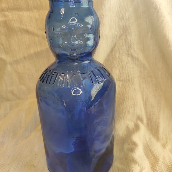 Brookfield Milk Bottle - Cobalt Blue Glass Cream Top Milk Bottle - Baby Top - One Quart Milk Bottle with Face - Bottle Collector Collectible