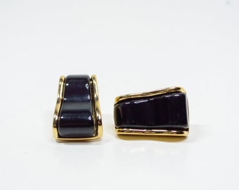 Vintage Signed Crown TRIFARI Black Acrylic Lucite Sculptural Wave Gold Tone Pierced Earrings. Chunky Lucite statement