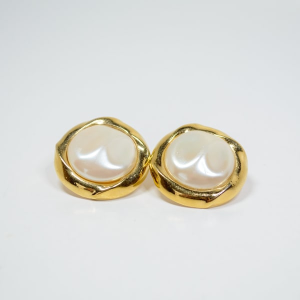 1970s Vintage Crown TRIFARI Signed Simulated Pearl Pierced Earrings- Large Baroque Pearl Button in Gold Plated setting