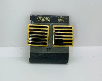 1980s Trifari Square Gold Tone with Black Enamel Stripes Statement Pierced Earrings on Original Card | New Old Stock- Modern Geometric