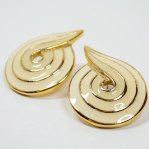 1980s Vintage Crown Trifari Gold Tone Glossy Cream Winter White Enamel Swirl Statement Earrings Pierced Backs