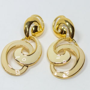 1980s TRIFRI TM large swirl Dangle Drop Earrings in Gold Tone and Glossy Cream Winter White Enamel Swirl Statement Earrings Pierced Backs