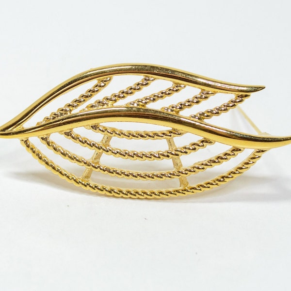 Vintage Crown TRIFARI TM gold tone brooch openwork Leaf shaped | geometric modern abstract | leaf | add pieces to make set!